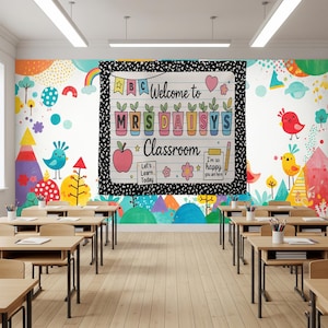 Welcome to Classroom Tapestry, Personalized Teacher Wall Decor, Back to School Banner, Custom Name Sign, Teacher Classroom Art