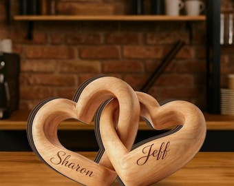 Personalized Interlocking Hearts Decor: Custom Couple Names, Wooden Print Anniversary Gift