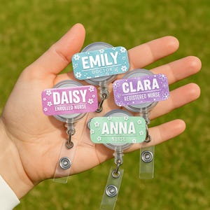 Custom Name Badge Reel, Floral Nurse ID Holder, Personalized Doctor Clip, Cute Acrylic Name Tag, Medical Staff Badge Accessory