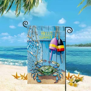 Hello Summer Flag, Blue Crab Beach Flag, Coastal Outdoor Yard Decor, Nautical Summer Porch Sign, Ocean Welcome Banner