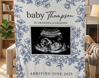 Personalized Ultrasound Photo Fleece Blanket: Custom Blue Floral Pregnancy Announcement to Grandparents