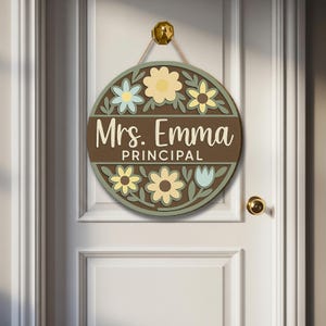 Principal Door Sign, Custom Name Office Hanger, Floral Wood Sign for School, Teacher Decor, School Administrator Gift
