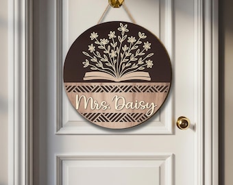 Personalized Teacher Door Sign: Floral Book Decor, Rustic Wood
