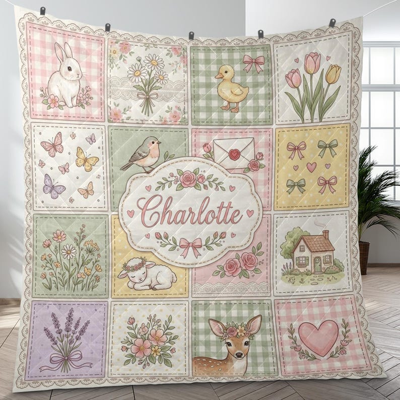 May include: A quilted blanket featuring a grid of illustrations including a rabbit, a duck, a deer, flowers, butterflies, a house, and hearts. The centre oval panel displays the name Charlotte surrounded by floral motifs and a pink ribbon.