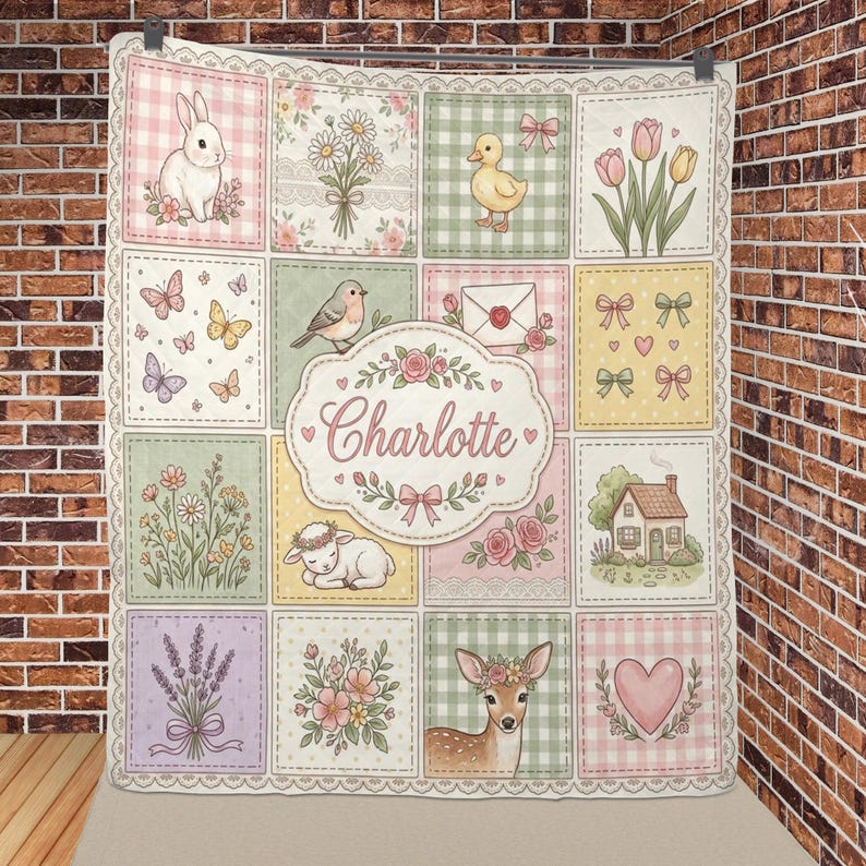 May include: A patchwork quilt featuring a central oval label with the name Charlotte, surrounded by squares depicting a rabbit, a duckling, a deer, a house, flowers, butterflies, bows, a heart, and an envelope, all in soft pastel colours.