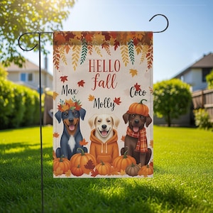 Hello Fall Custom Dog Portrait Garden Flag, Personalized Dog Breed Autumn Yard Flag, Pumpkin Leaves Fall Welcome Banner