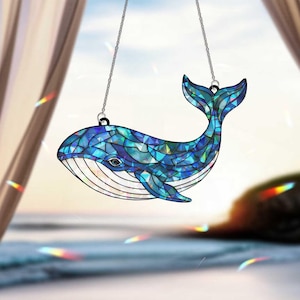 Blue Whale Window Hanging | Stained Glass Style Art Ocean-Inspired Suncatcher | Coastal Nautical Decor for Beach or Sea Lovers