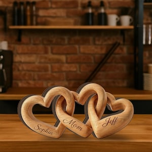 May include: Three wooden heart-shaped ornaments interlocked, each with a name engraved: "Sophia", "Mom", and "Jeff". The hearts are light brown with a dark brown border, set against a blurred background of a kitchen.
