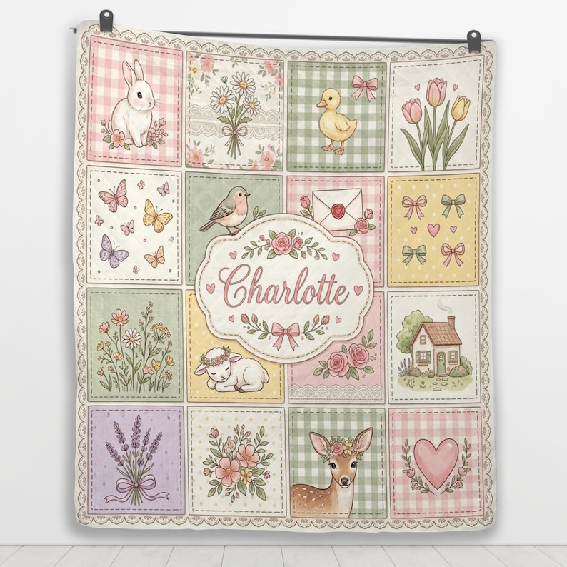 May include: A patchwork quilt featuring a central oval label with the name Charlotte, surrounded by squares depicting a white rabbit, a yellow duckling, a fawn, a small house, flowers, butterflies, bows, and a heart, all in soft pastel colours.