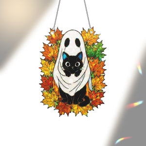 Black Cat Ghost Suncatcher, Halloween Window Decor, Fall Leaf Hologram Hanging, Cute Spooky Cat Sun Catcher, Autumn Window Art