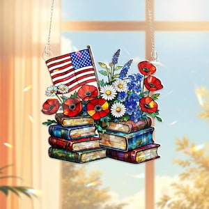 Patriotic Book Stack Window Hanging – 4th of July Acrylic Suncatcher with Flowers & Flag, Teacher Gift, Summer Classroom Decor
