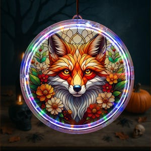 Fox LED Hanging Light, Stained Glass Style Animal Wall Decor, Glowing Night Ornament, Woodland Home Decoration, Gift for Nature Lovers