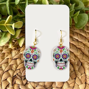 Colorful Sugar Skull Earrings, Day of the Dead Jewelry, Floral Skull Dangle Earrings, Festival Gift for Her, Halloween Jewelry