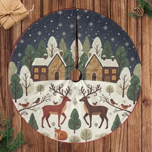 Winter Forest Deer Christmas Tree Skirt, Tree Base Cover with Snowy Houses & Woodland Scene