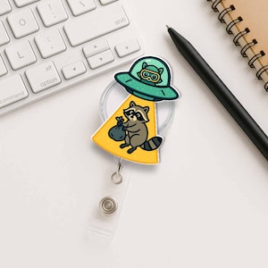 Funny Raccoon Badge Reel, Funny Animal ID Holder, Trash Panda Clip, Retractable Name Tag, Gift for Nurses, Coworker Accessories