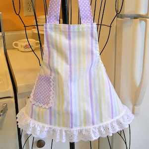 Retro Style Infant Toddler Apron in Stripes with Purple Polka Dots size 6 months image 1
