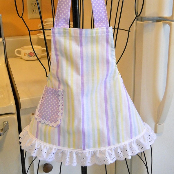 Retro Style Infant Toddler Apron in Stripes with Purple Polka Dots size 6 months