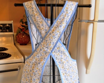 Old Fashioned  Vintage Style Crossover No Tie Apron in Blue and Yellow Floral in Large