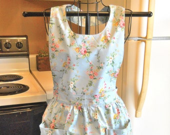 Cottage Chic Aqua and Pink Vintage Style Apron size Large