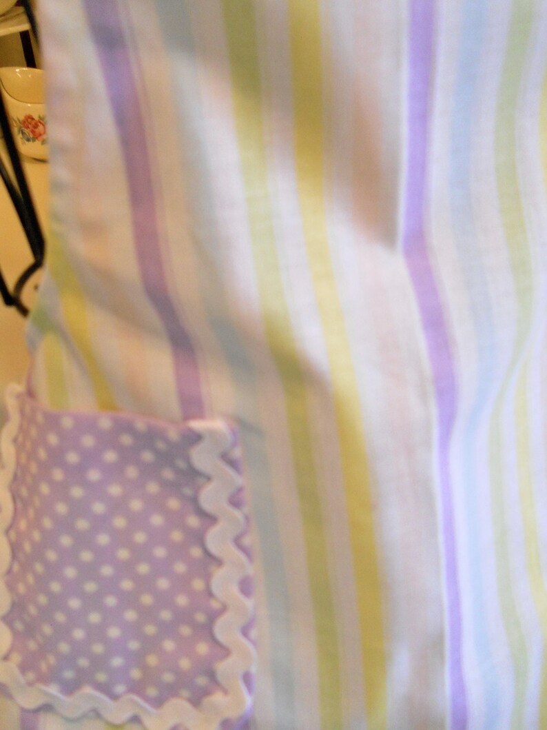 Retro Style Infant Toddler Apron in Stripes with Purple Polka Dots size 6 months image 4