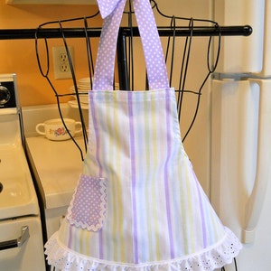 Retro Style Infant Toddler Apron in Stripes with Purple Polka Dots size 6 months image 2