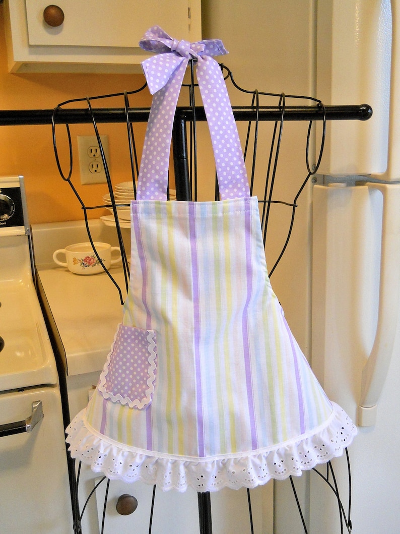 Retro Style Infant Toddler Apron in Stripes with Purple Polka Dots size 6 months image 2
