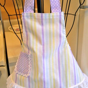 Retro Style Infant Toddler Apron in Stripes with Purple Polka Dots size 6 months image 3