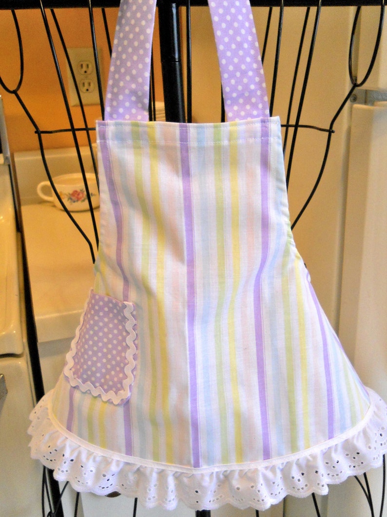 Retro Style Infant Toddler Apron in Stripes with Purple Polka Dots size 6 months image 3