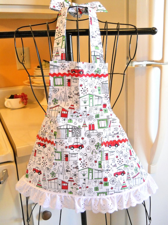 Girl's Mid Century Modern Retro Style Christmas Apron in 3-4, 5-6 and 7-8