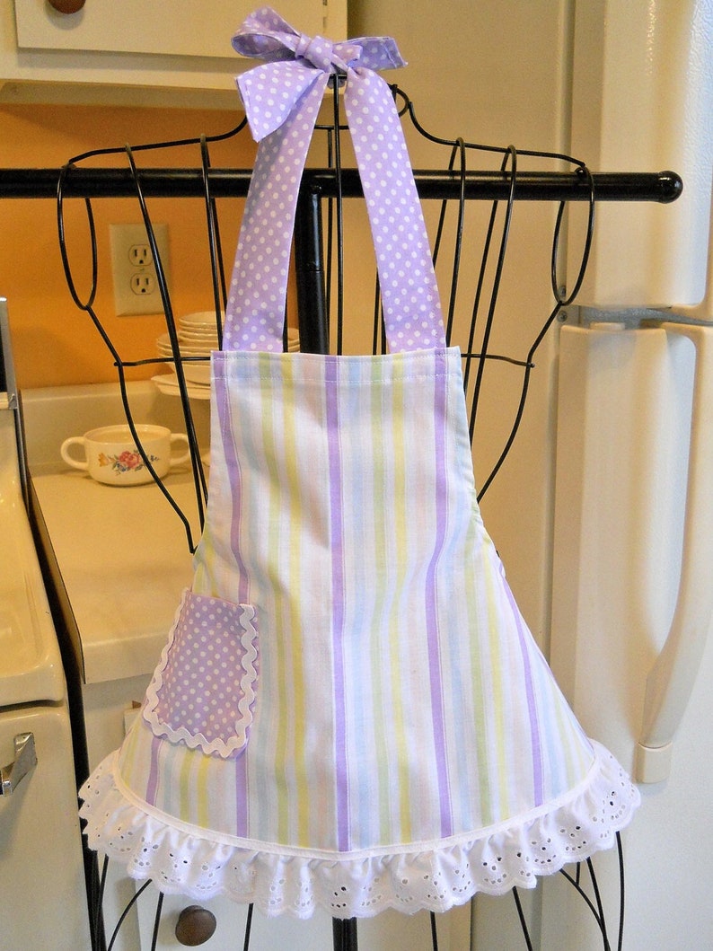 Retro Style Infant Toddler Apron in Stripes with Purple Polka Dots size 6 months image 1