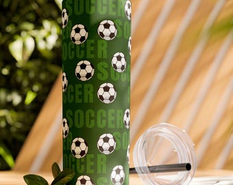 Soccer-Themed Skinny Tumbler with Straw, 20oz Sports Drinkware, Soccer Gifts for Fans, Eco-Friendly Cup, Team Spirit Cup, Soccer Mom