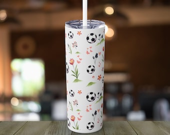Cute Soccer-Themed Skinny Tumbler with Straw, 20oz Sports Drinkware, Soccer Gifts for Fans, Eco-Friendly Cup, Team Spirit Cup, Soccer Mom