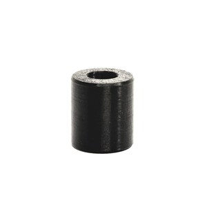 May include: A cylindrical black object with a hole through the center. The object has a textured surface and appears to be made of a solid material. The object is standing upright against a white background.