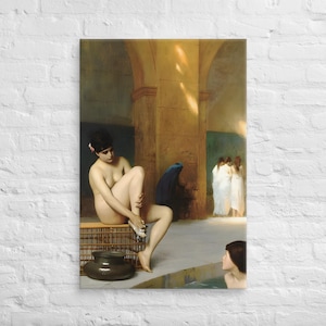 Pintura vintage de Oriente Medio / Obra de arte antigua / Mujeres bañándose en un harén / Lámina artística del siglo XIX / ENVÍO GRATIS