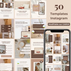Può includere: Una raccolta di 50 modelli Instagram nei toni del marrone e beige. I modelli includono vari layout per post, storie e contenuti promozionali. Il testo sull'immagine include "50 Templates Instagram Modifiable sur CANVA".
