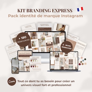 Könnte beinhalten: Ein digitales Branding-Kit mit dem Text "KIT BRANDING EXPRESS" und "Pack identité de marque Instagram". Das Bild zeigt einen Laptop, ein Tablet und ein Smartphone, die Branding-Vorlagen anzeigen, mit dem Canva-Logo und dem Text "Tout ce dont tu as besoin pour créer un univers visuel fort et professionnel".