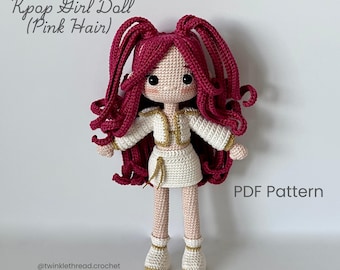 Patrón PDF de muñeca amigurumi de crochet de cabello rosa de Kpop Girl