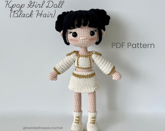 Patrón PDF de muñeca amigurumi de cabello negro de Kpop Girl