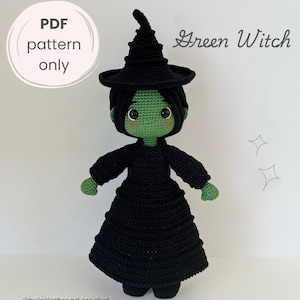 May include: A crocheted doll of a green-skinned figure wearing a black dress and a pointed black hat. The text "PDF pattern only" and "Green Witch" appear in the image, along with the handle "@twinklethread.crochet" at the bottom.