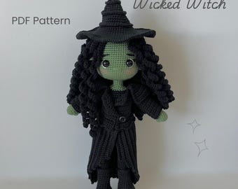 Patrón PDF de amigurumi de muñeca de ganchillo de bruja malvada