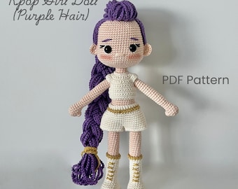 Patrón PDF de muñeca amigurumi de crochet de pelo morado de Kpop Girl
