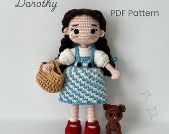 Patrón PDF de amigurumi de Dorothy para muñeca y perro a crochet