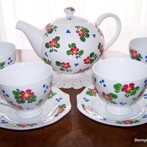 Teapot Set, hand painted red Florals, 9 piece set, hand painted , cup and saucer set ,