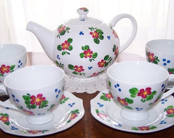 Teapot Set, hand painted red Florals, 9 piece set, hand painted , cup and saucer set ,