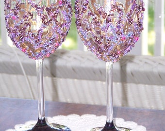 Set of two beaded glassware, beaded Stemware, Topaz and Purple beads, embellished glassware,