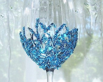 Beaded Wine Glass in Shades of Aqua and Blues