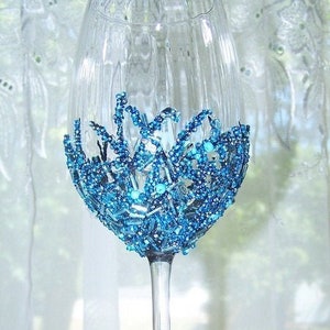 Beaded Wine Glass in Shades of Aqua and Blues
