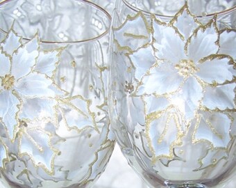 White Poinsettia, holiday glasses,  Set of two