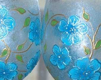 stemware,wine glass, blue floral, hand painted,frosted look