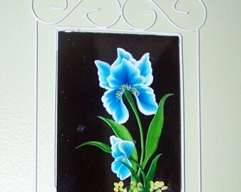 Iris, wall mirror, hand painted, blue irises, yellow flowers